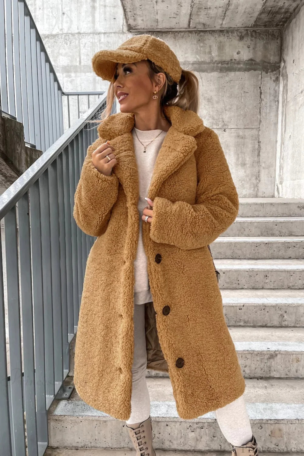 Solid Warm Faux Fur Lapel Overcoat Khaki / S
