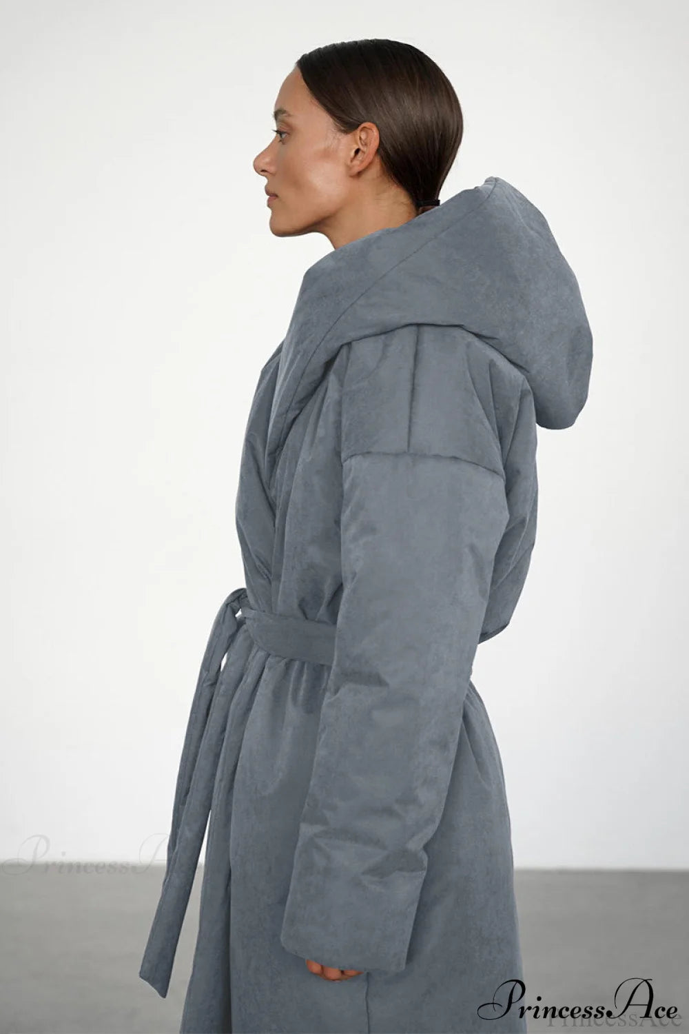 Solid Warm Long Hooded Belted Cotton Puffer Overcoat