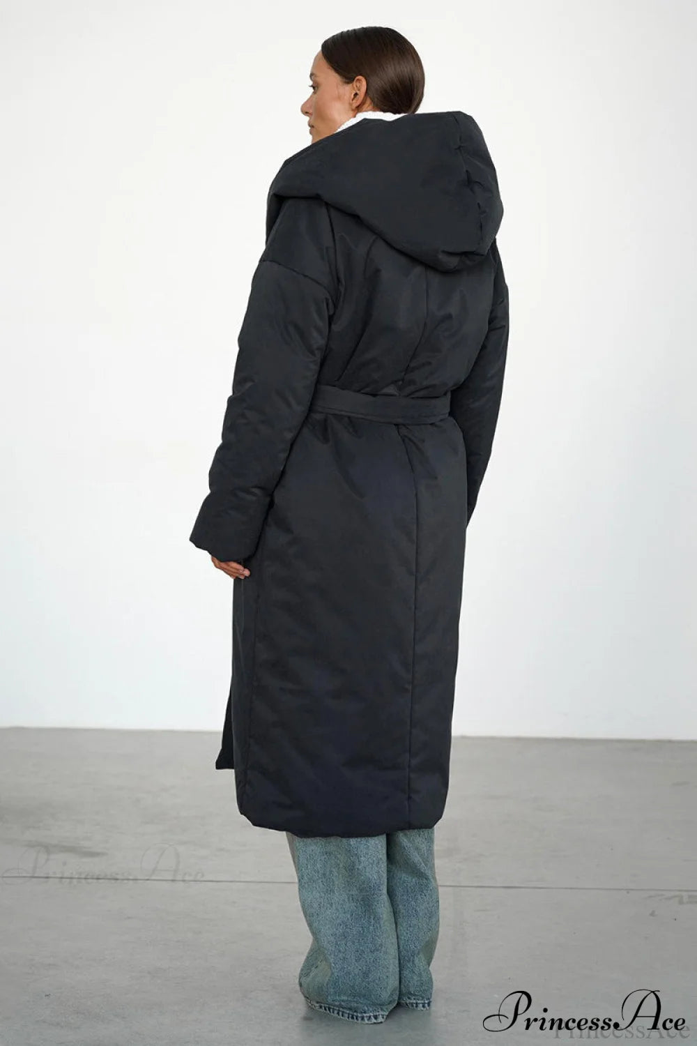 Solid Warm Long Hooded Belted Cotton Puffer Overcoat