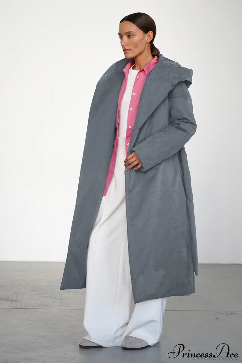Solid Warm Long Hooded Belted Cotton Puffer Overcoat Medium Gray / S