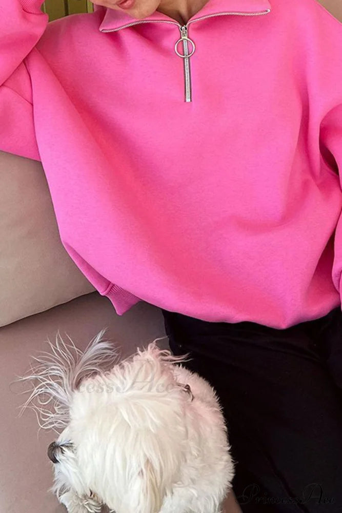 Solid Zipped Lapel Sweatshirt Pink / L Sweatshirts