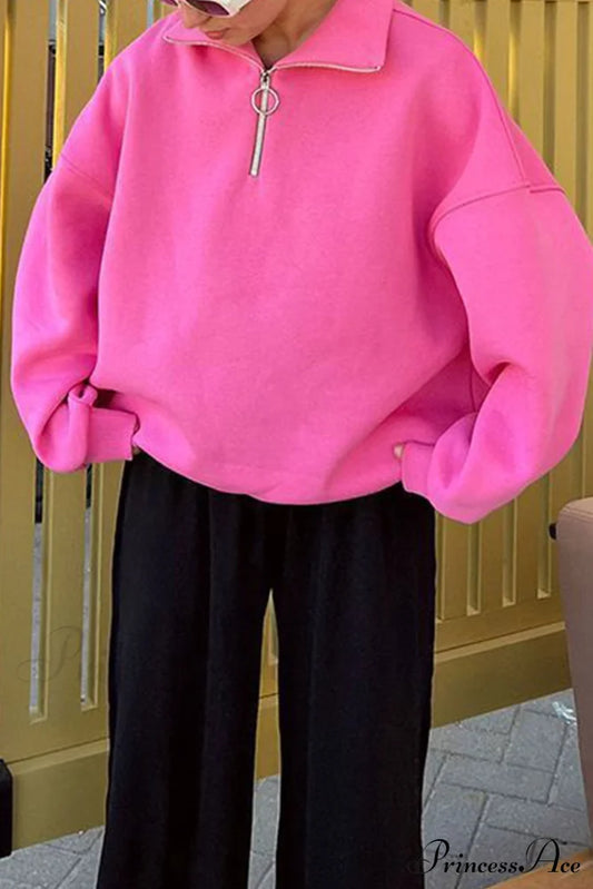 Solid Zipped Lapel Sweatshirt Pink / S Sweatshirts