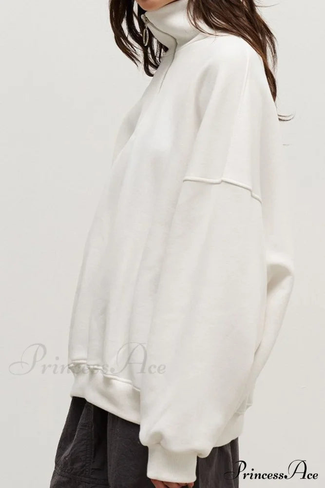 Solid Zipped Lapel Sweatshirt White / M Sweatshirts