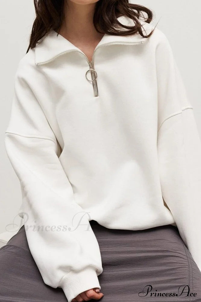 Solid Zipped Lapel Sweatshirt White / S Sweatshirts