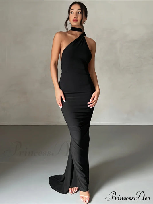 Sophisticated Black Gala Dress With Asymmetrical Neckline S /