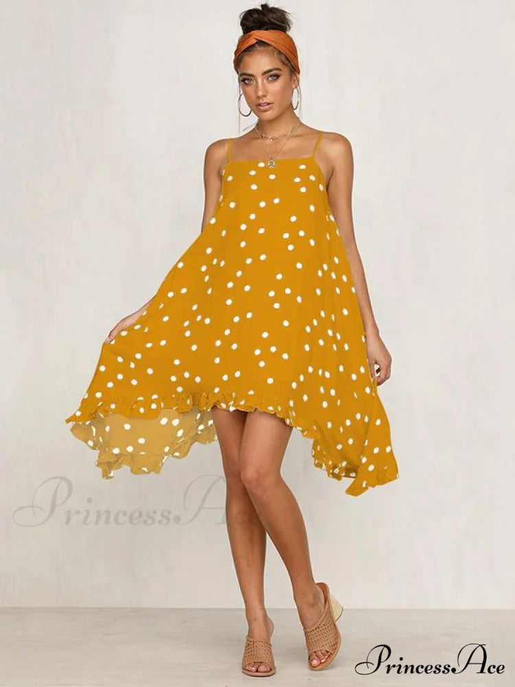 Spaghetti-Neck Gown Dot Bohemia Chiffon Mini In Warm-Season Style S / Yellow Dresses