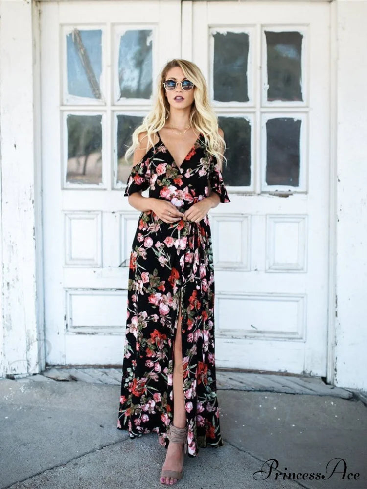 Spaghetti-Neck V-Neck Maxi Dress With Print M / Black Dresses