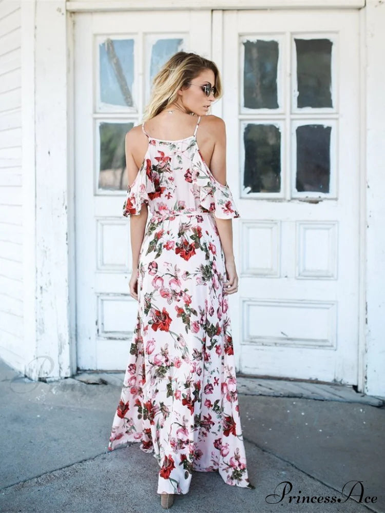 Spaghetti-Neck V-Neck Maxi Dress With Print M / White Dresses