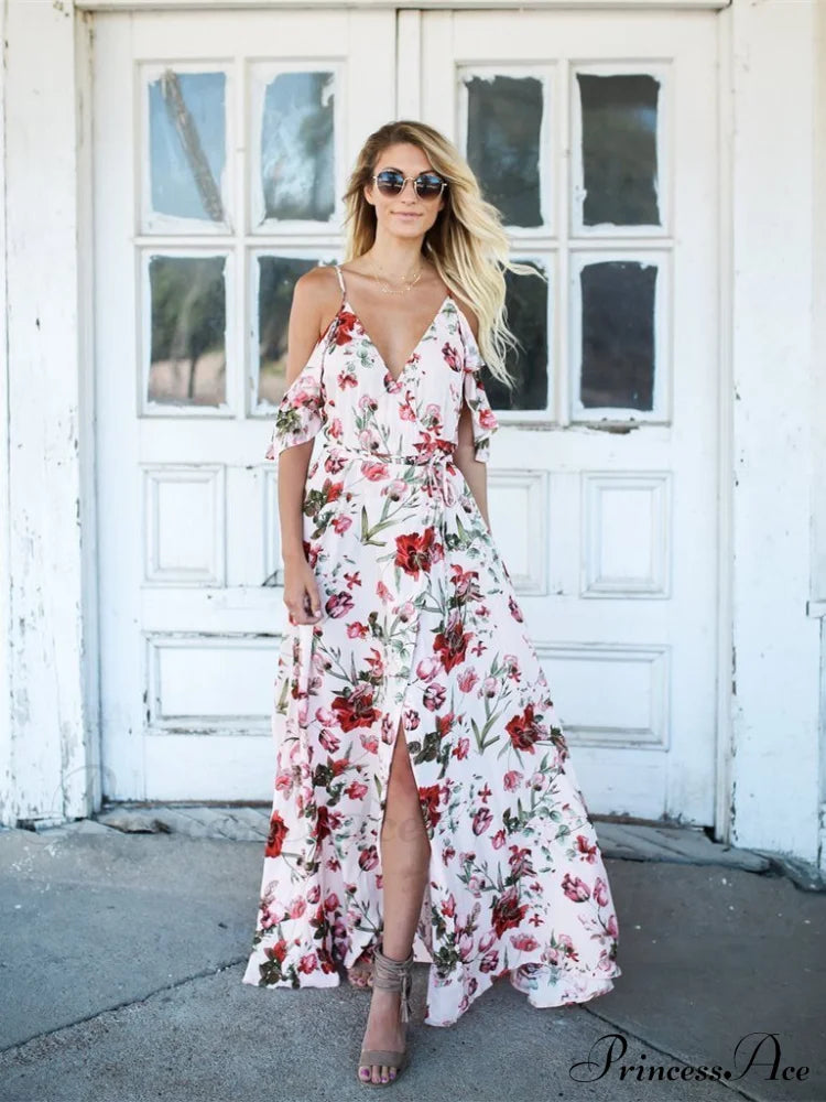 Spaghetti-Neck V-Neck Maxi Dress With Print S / Black Dresses