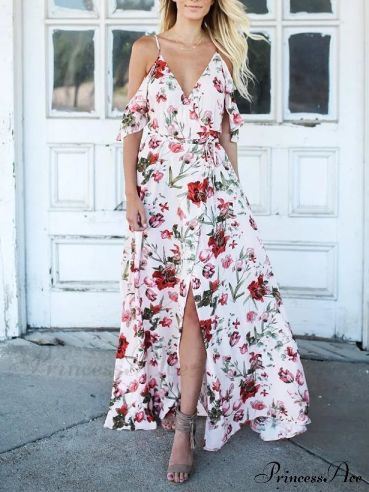 Spaghetti-Neck V-Neck Maxi Dress With Print S / White Dresses