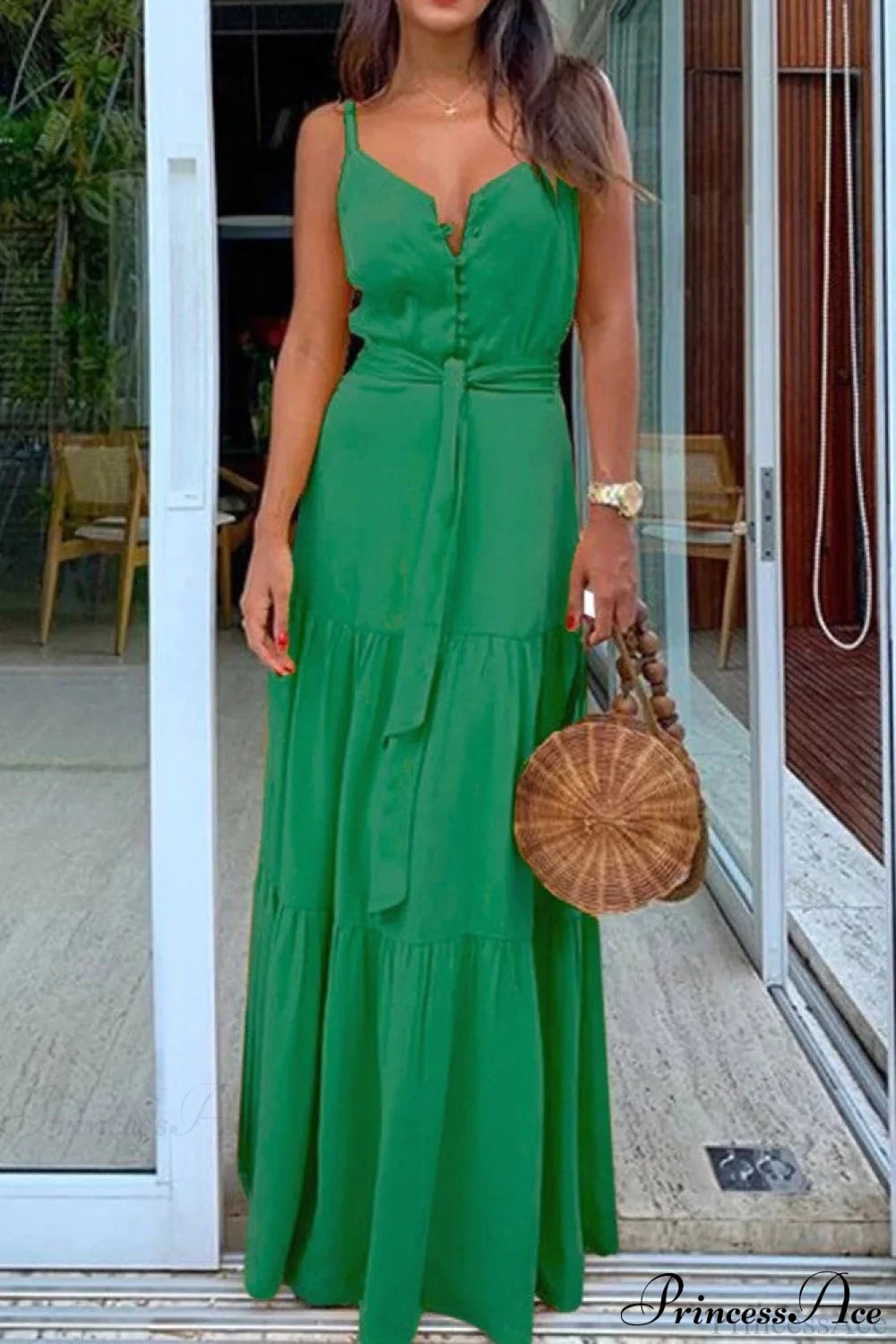 Spaghetti Strap Button Bandage Maxi Dress S / Red Causal Yellow Maxi Dress