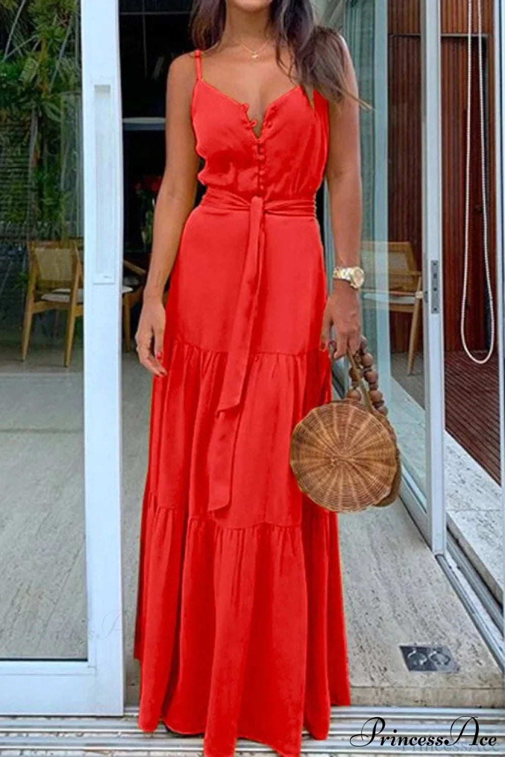 Spaghetti Strap Button Bandage Maxi Dress S / Green Causal Yellow Maxi Dress