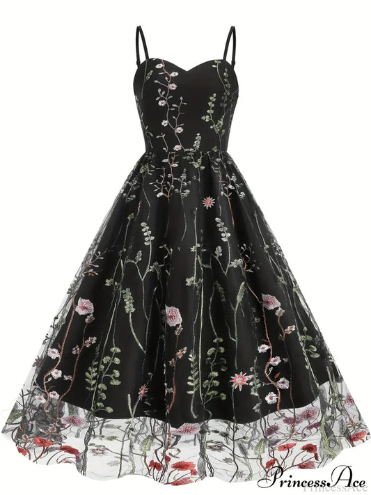 Party Mesh Flowered A Embroidery For Gown Line Summer S / Blue Black Floral Maxi Dress