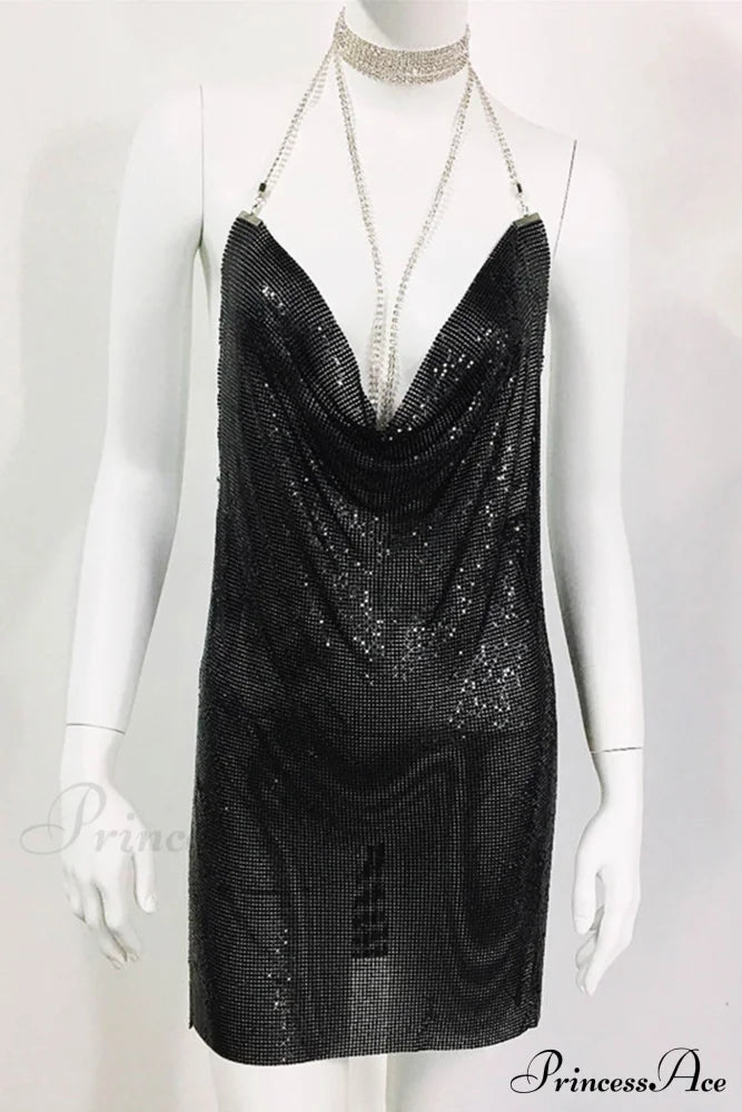 Sparkling Rhinestone Cami Dress Black / A-Rhinestone Halter S Mini Dresses