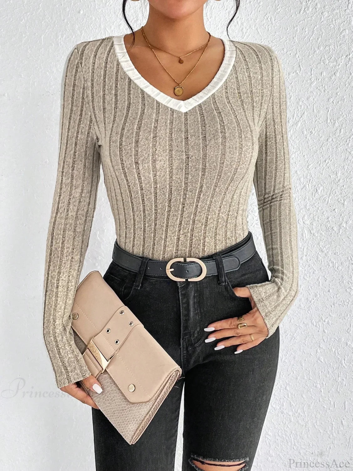 Spice Girl Sexy Thin V-Neck Design Personality T-shirt Women khaki / XS knittop-250126