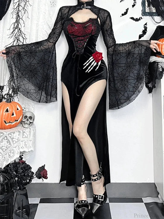 Spiderweb Tall Waist Corset Full-Length Dress Black / XS