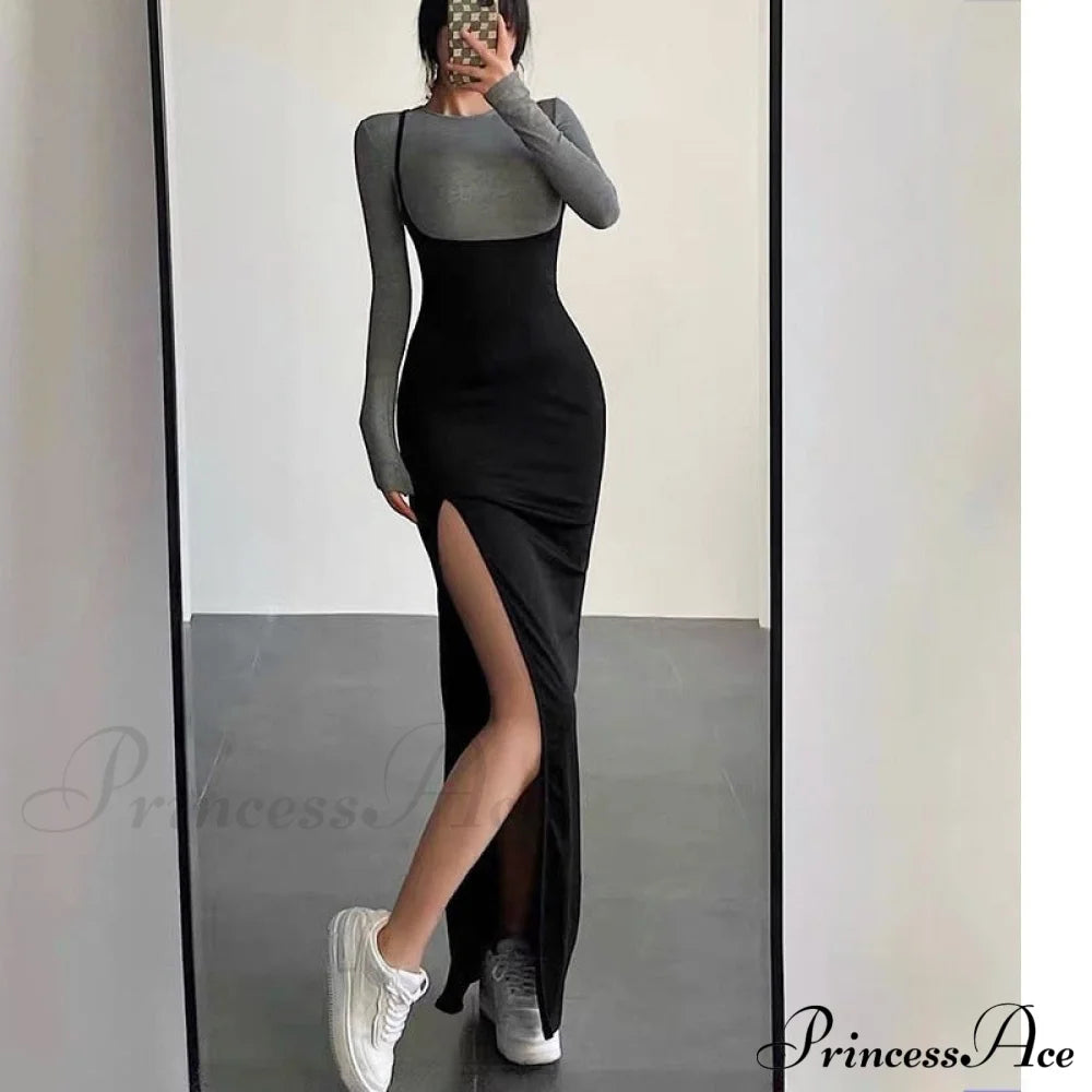 Split Gown Slim Set Women Piece Two T-Shirt Design Suit Long Arm Y2K