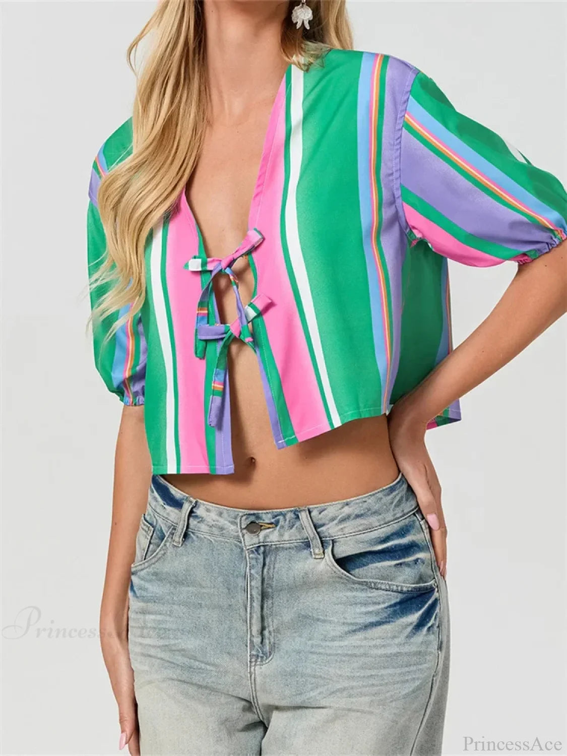 Split Tie-Up Puff Sleeve Blouse blouse-250223