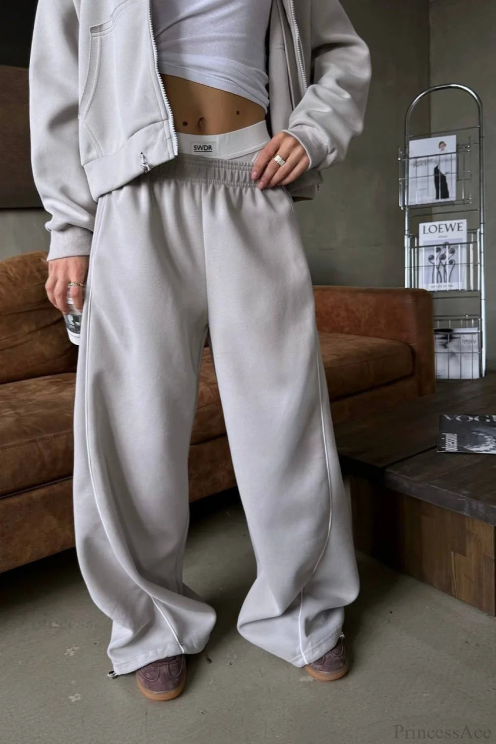 Sporty Color Block Hooded Straight-Leg Pants Two Piece Set