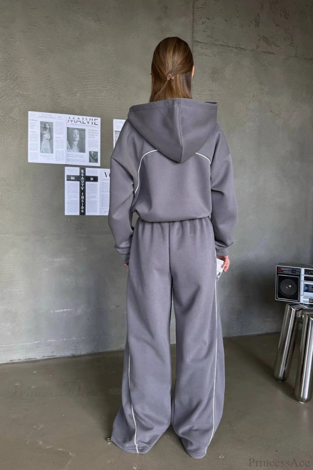 Sporty Color Block Hooded Straight-Leg Pants Two Piece Set