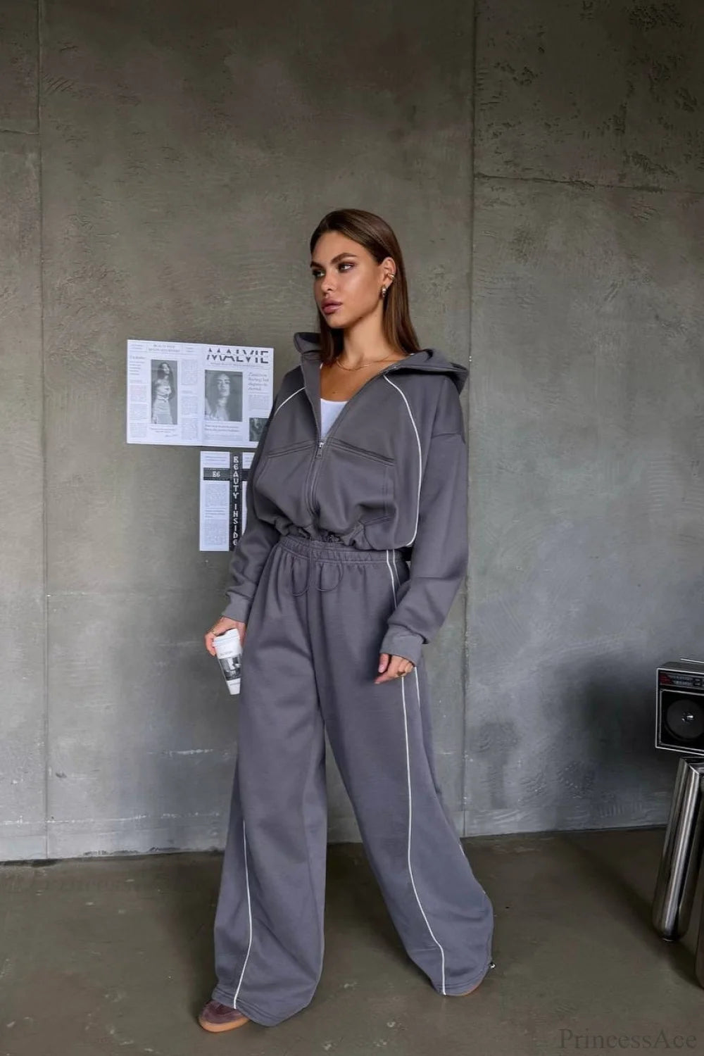 Sporty Color Block Hooded Straight-Leg Pants Two Piece Set Dark gray / S