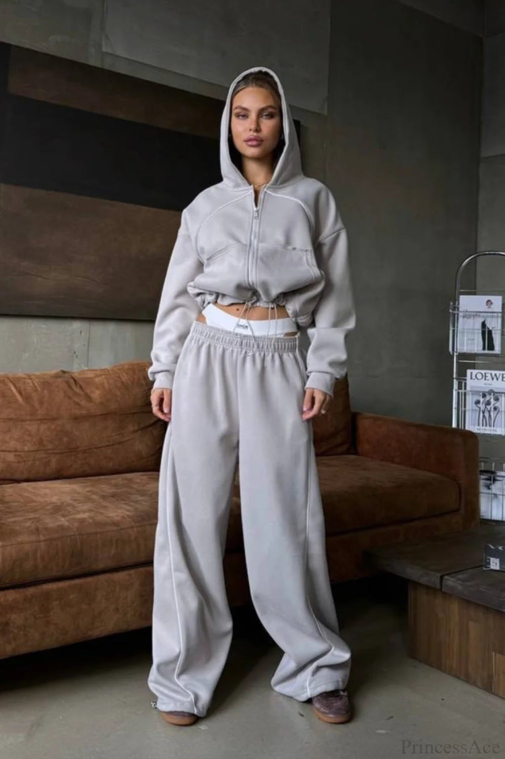Sporty Color Block Hooded Straight-Leg Pants Two Piece Set Light gray / S