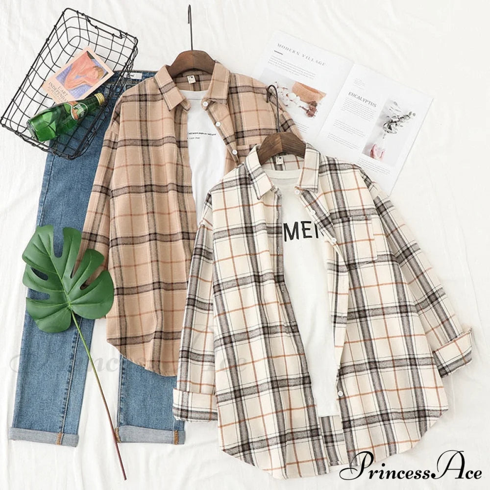 Spring Autumn Checked Blouses Loose Outwear Shirts Arm Long Casual Womens Tops Plaid News