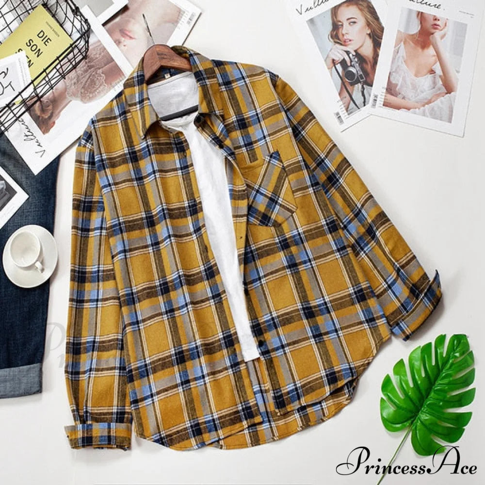 Spring Autumn Checked Blouses Loose Outwear Shirts Arm Long Casual Womens Tops Plaid News Xl / 14