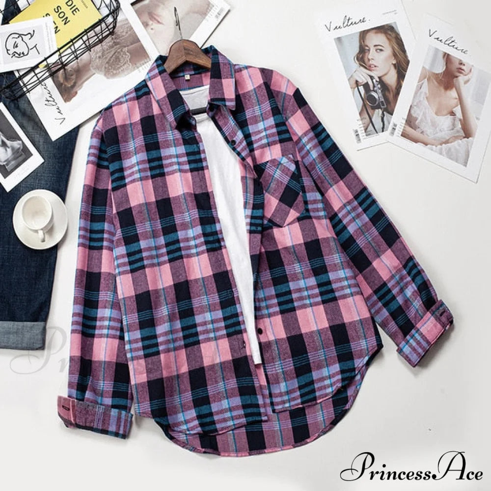Spring Autumn Checked Blouses Loose Outwear Shirts Arm Long Casual Womens Tops Plaid News Xxl / 16