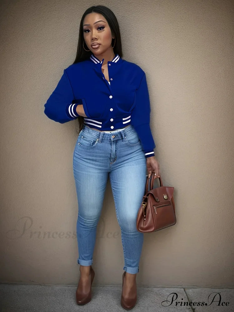 Spring Autumn European Pure Color Single-Breasted Baseball Stylish Coat Blue / S Coats-L