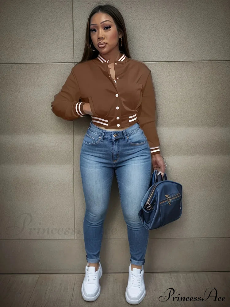 Spring Autumn European Pure Color Single-Breasted Baseball Stylish Coat Brown / S Coats-L