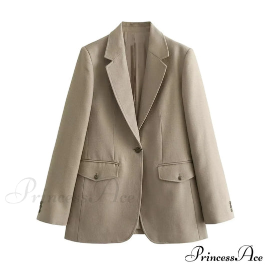 Spring Autumn One Button Bf Boyfriend Vintage Long Sleeve Khaki Blazer / S