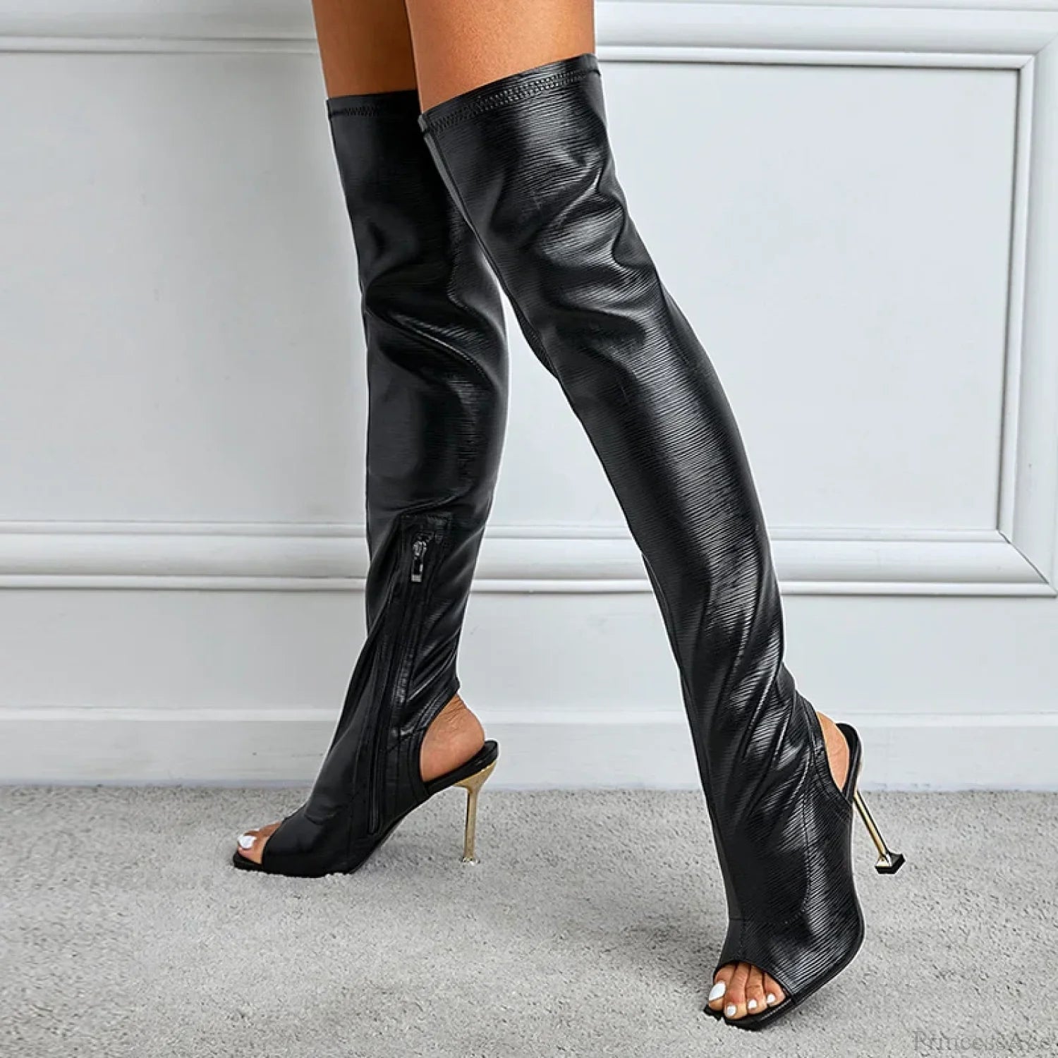 Spring Autumn Sexy Zip Metal Thin-Heels Open-Toe Leather Thigh-High Over-The-Knee Boots Stripper