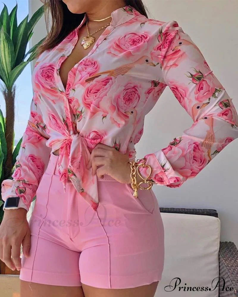 Spring Blouse Tie Knot Patterned Casual Arm Flowered Top For Long Women