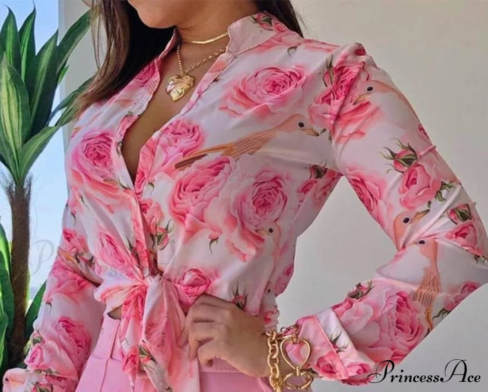 Spring Blouse Tie Knot Patterned Casual Arm Flowered Top For Long Women L / Pink Shirt