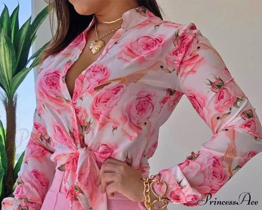 Spring Blouse Tie Knot Patterned Casual Arm Flowered Top For Long Women L / Pink Shirt