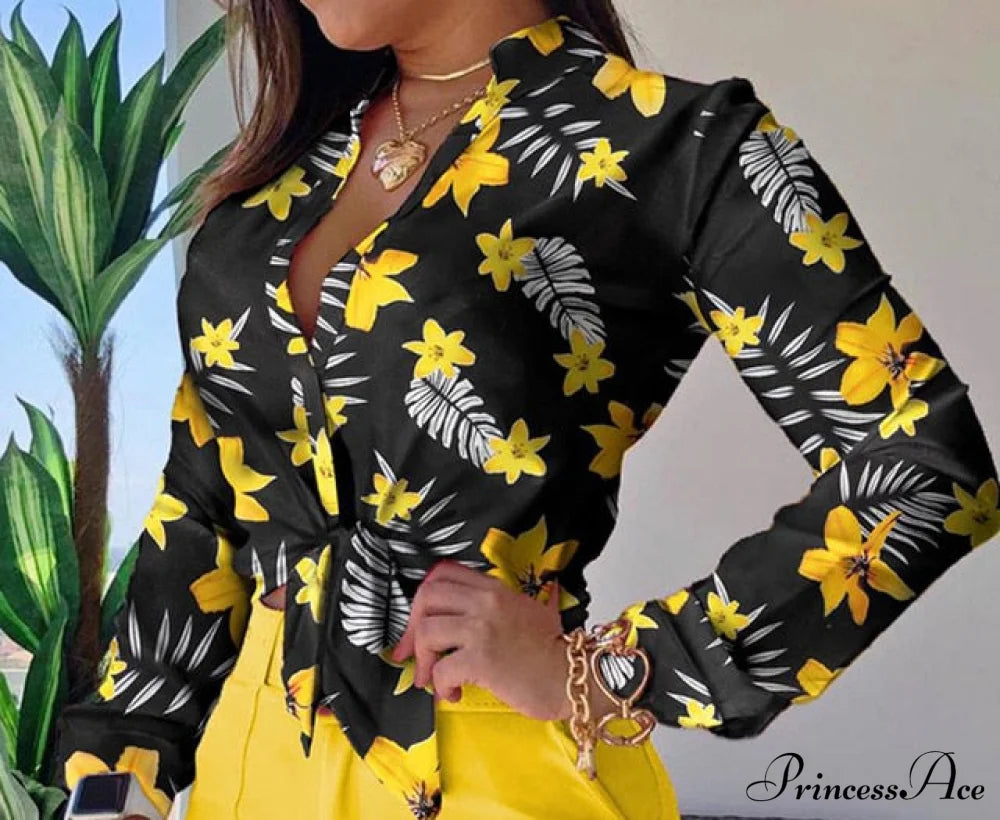 Spring Blouse Tie Knot Patterned Casual Arm Flowered Top For Long Women M / Yellow Shirt