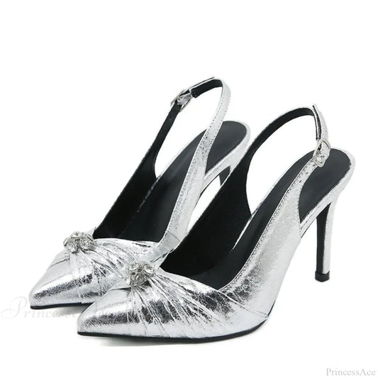 2024 Spring Shoes Pumps Pleated Pointed-Toe Silver High-Heels Sexy Back-Buckle Strap Stiletto High