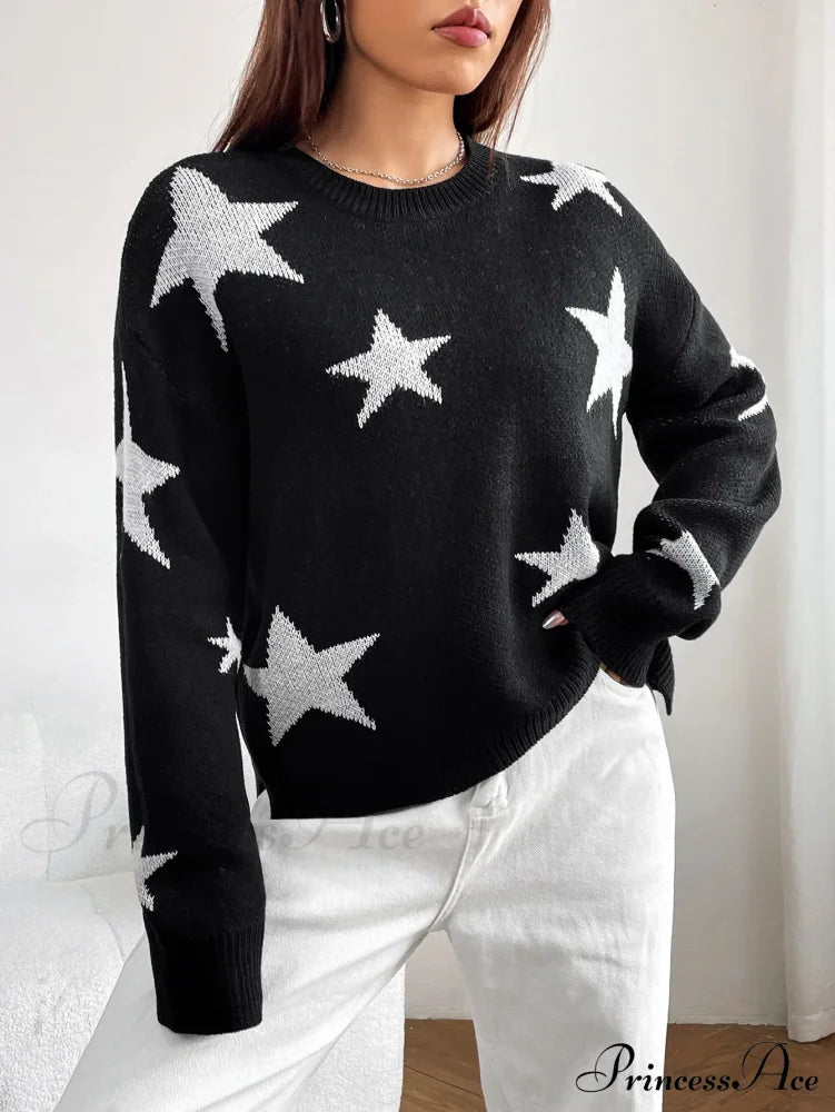 Spring Stylish Colorful Contrast Starry Cozy Comfortable Loose Long-Sleeved Warm Sweater Sweaters-L