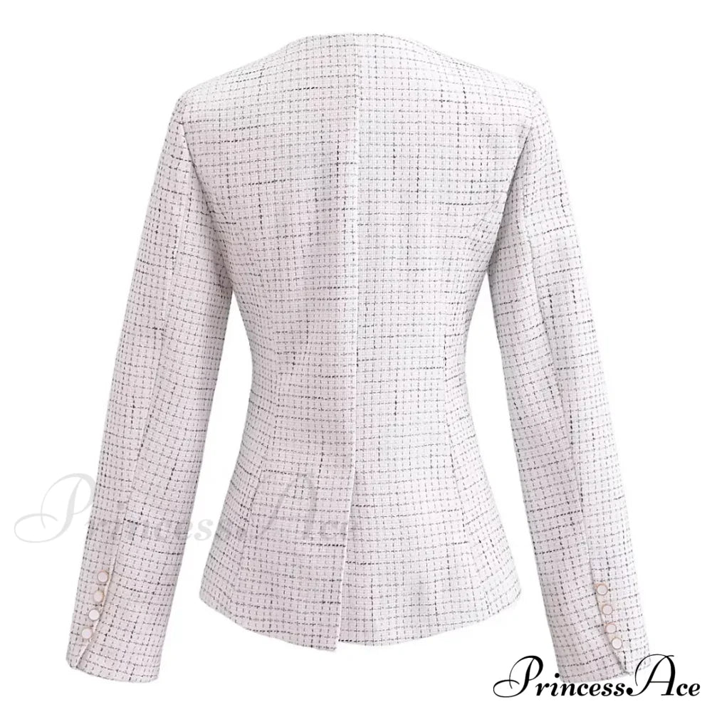 Spring V Collar White Plaid Woven Tweed Slim Waist Single-Breasted Button Slit Blazer