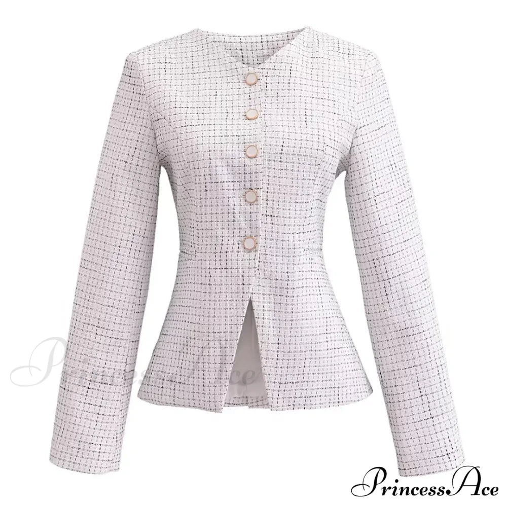 Spring V Collar White Plaid Woven Tweed Slim Waist Single-Breasted Button Slit Blazer
