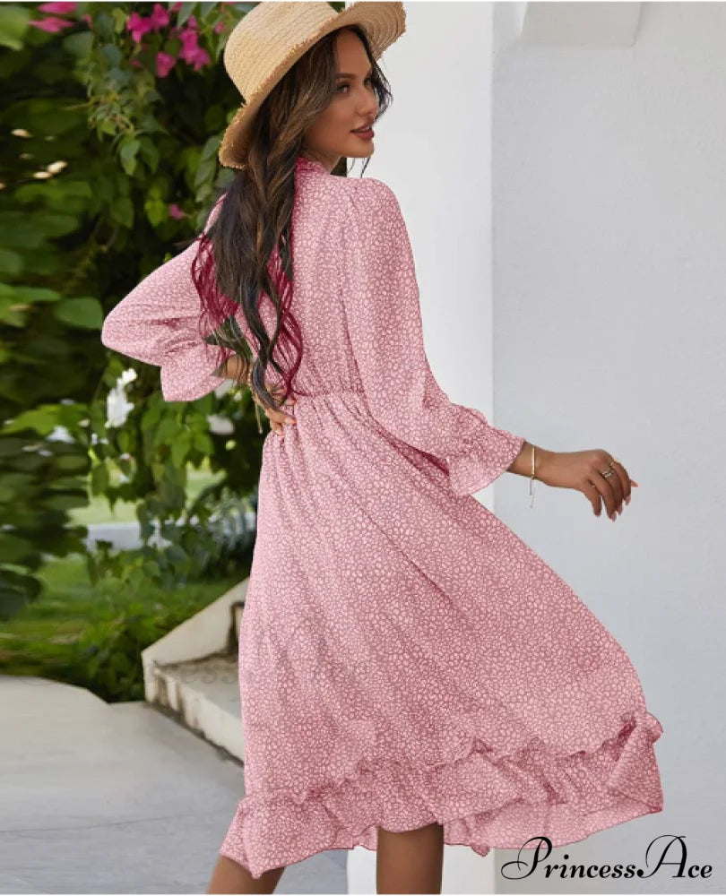 Spring V Neck Print Dress With Butterfly Sleeves And High Waist Ruffles In Chiffon Midi Length M /
