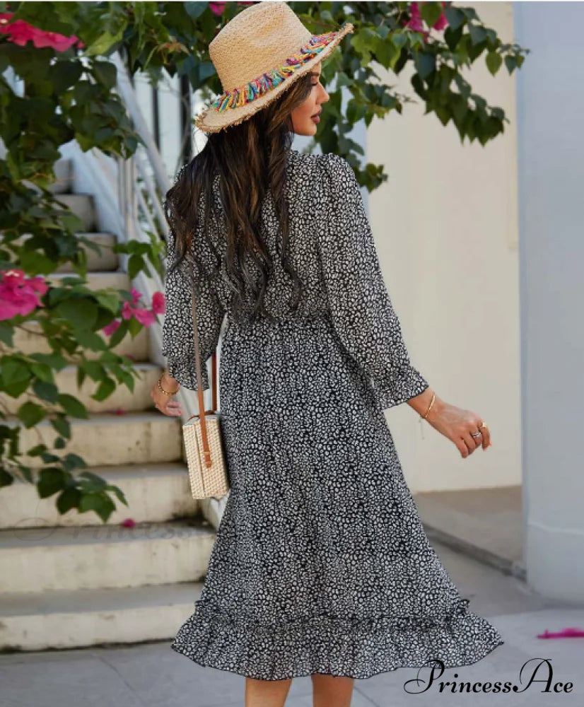 Spring V Neck Print Dress With Butterfly Sleeves And High Waist Ruffles In Chiffon Midi Length M /