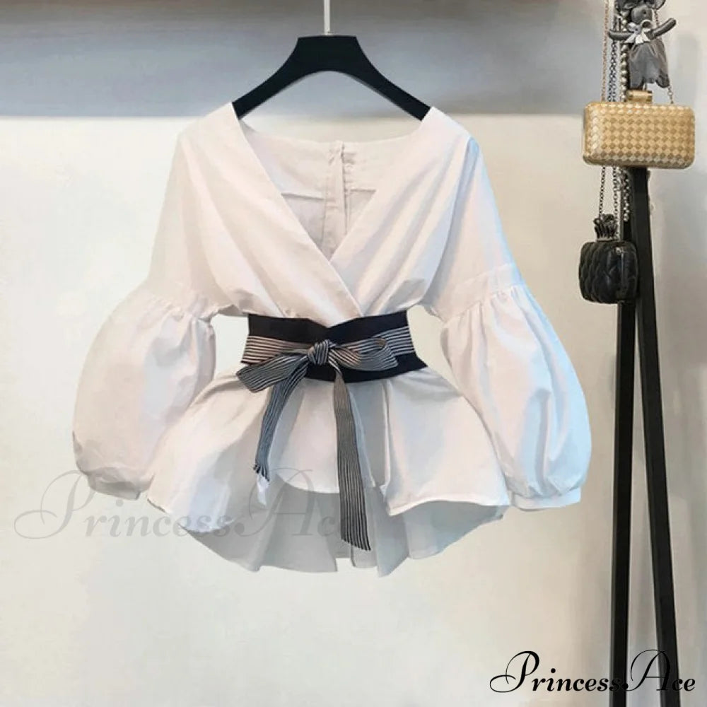 Spring Women’s Bow Pants Lantern Flare Black + Striped Split Warm-Season Blouse Arm Set Only