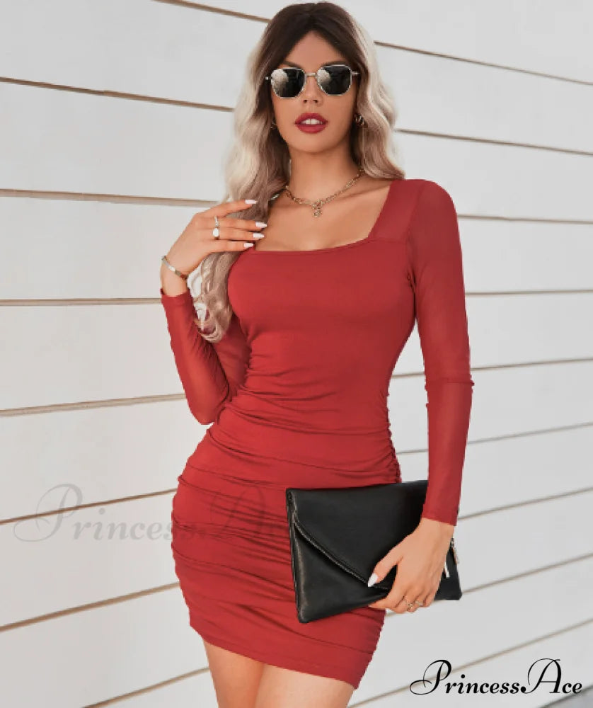 Square Collar Slim Hip Dress L / Apricot
