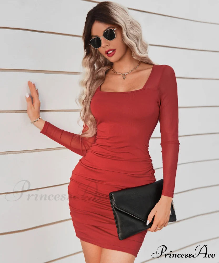 Square Collar Slim Hip Dress L / Reddish Brown