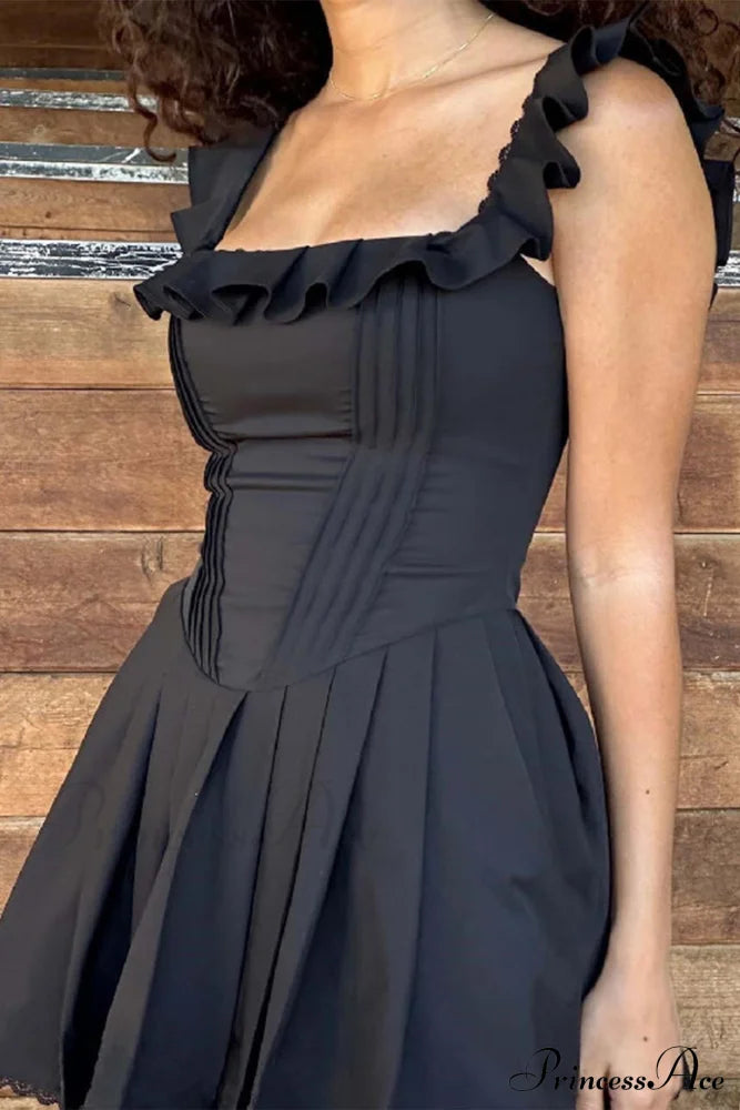 Square Neck Lace Mini Dress Black / L Dresses