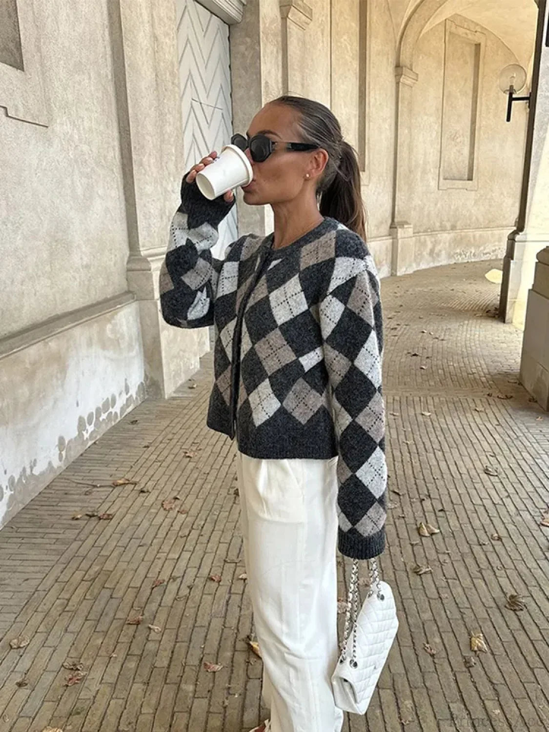 Square Printed O-neck Long Sleeve Cardigan black / S