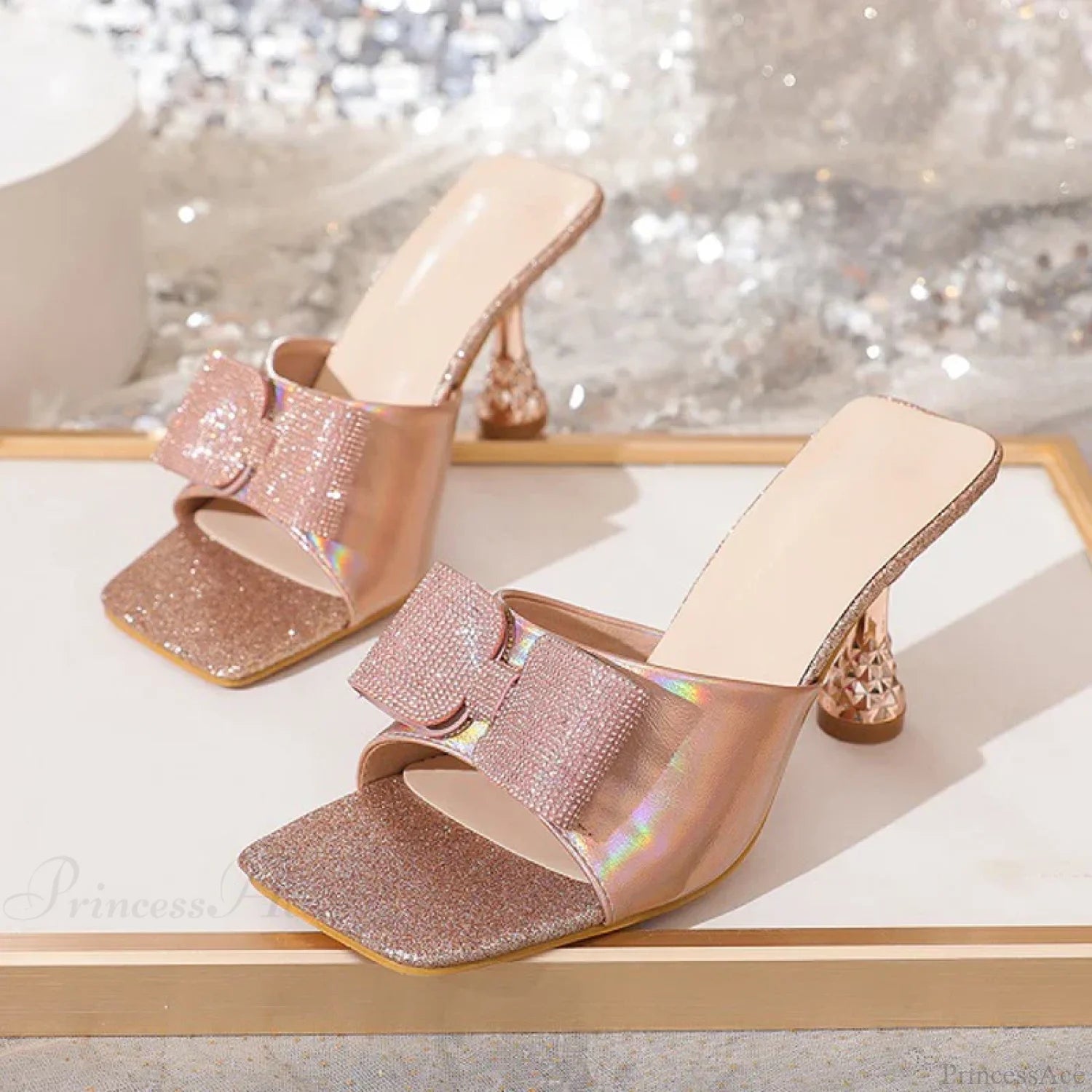 Square Toe Crystal Butterfly-Knot Slippers Low Heels Summer Party Heel Pump