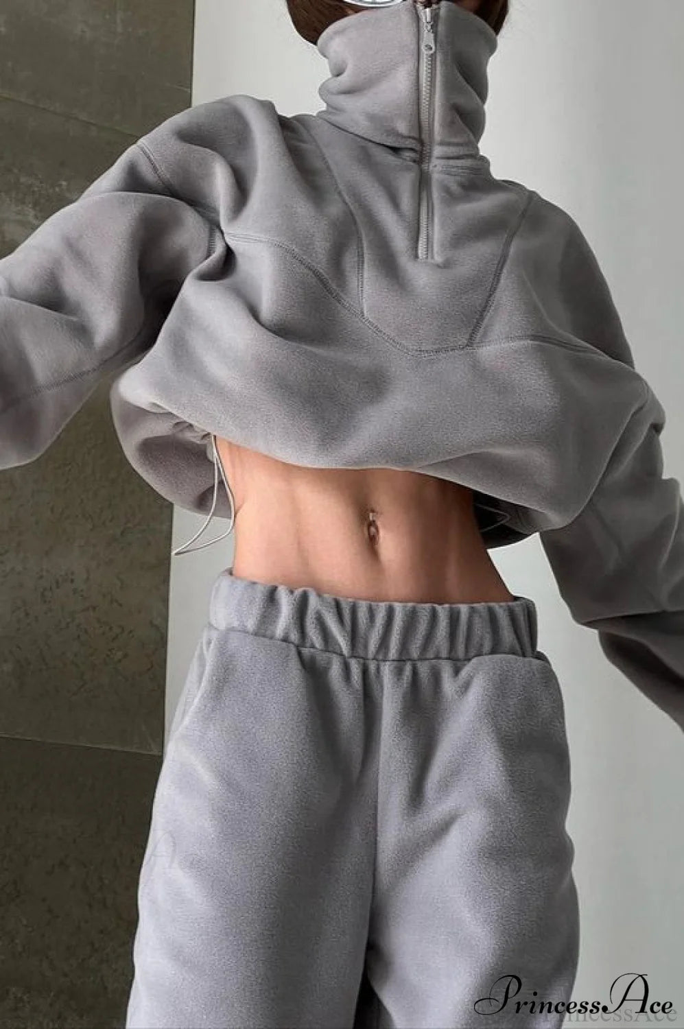 Stand Collar Polar Fleece Short Drawcord Sweatshirt